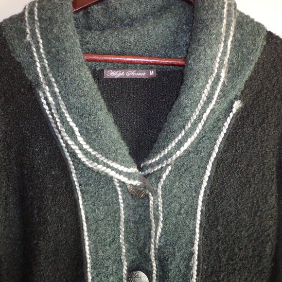 High Secret Boho Boucle Cardigan M Black/Charcoal Buttons Trim Faux Pockets - Picture 4 of 16